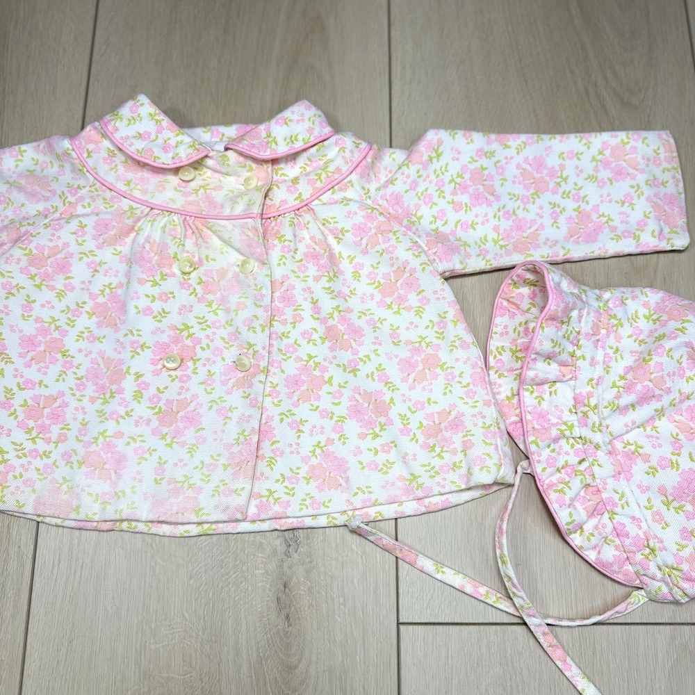 Vintage Baby Girl‎ Pink Floral Jacket Coat + Bonnet Hat Set Thomas 18M Cotton